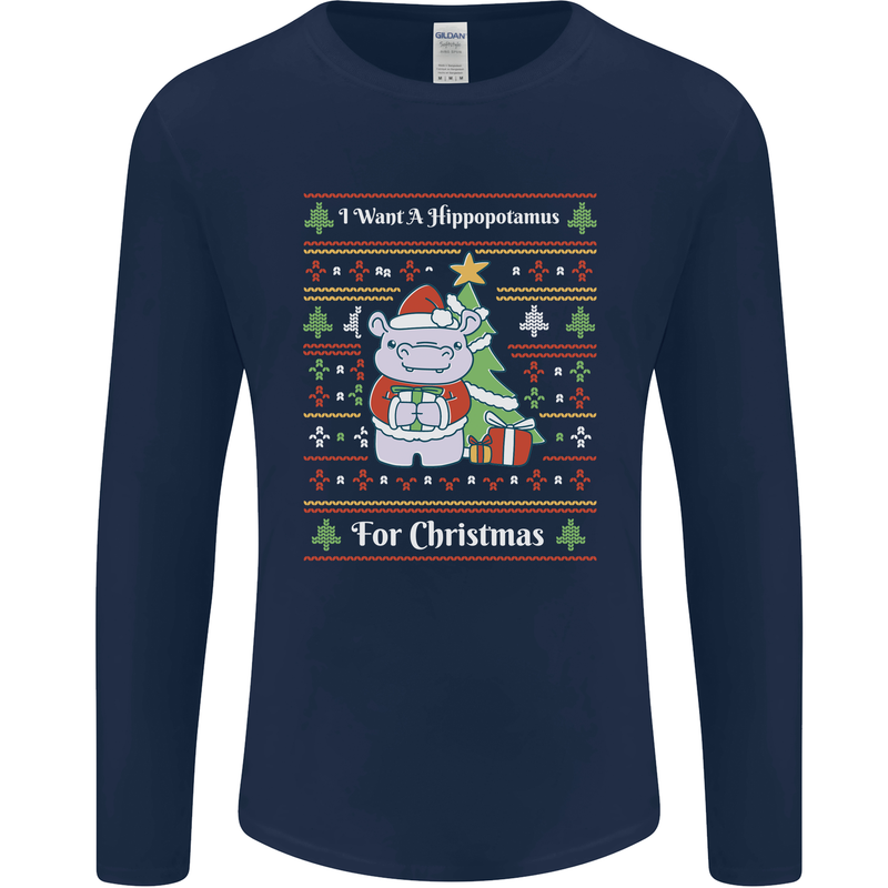 Hippo Christmas Funny Hippopotamus Mens Long Sleeve T-Shirt Navy Blue