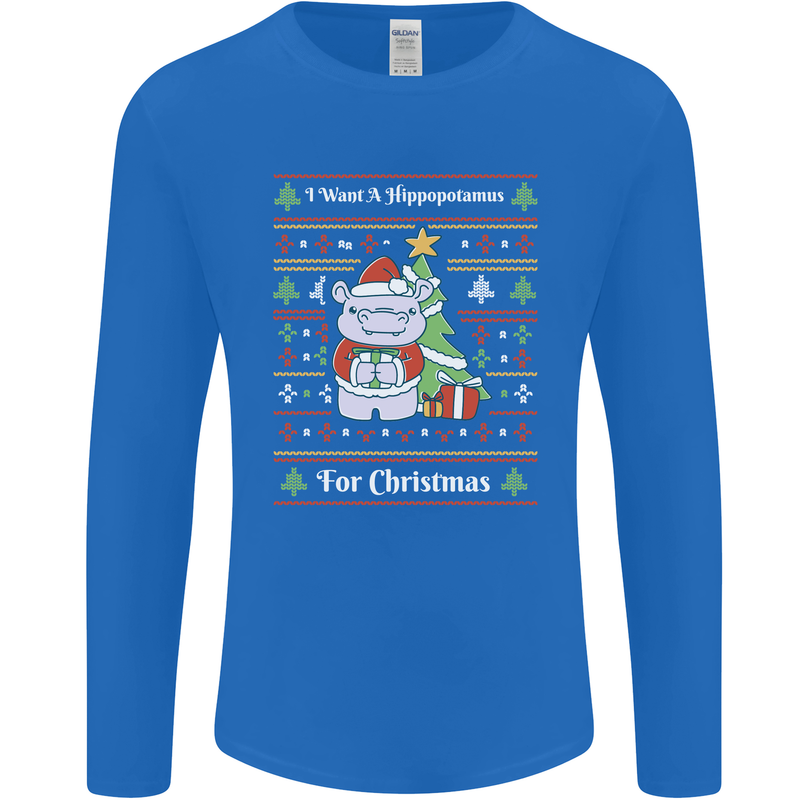 Hippo Christmas Funny Hippopotamus Mens Long Sleeve T-Shirt Royal Blue