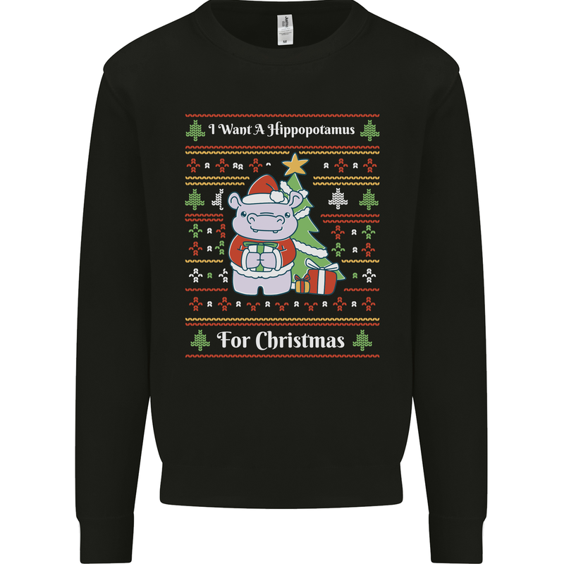 Hippo Christmas Funny Hippopotamus Mens Sweatshirt Jumper Black