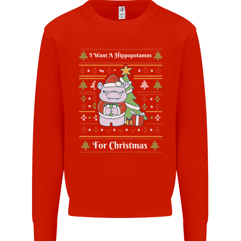 Hippo Christmas Funny Hippopotamus Mens Sweatshirt Jumper Bright Red