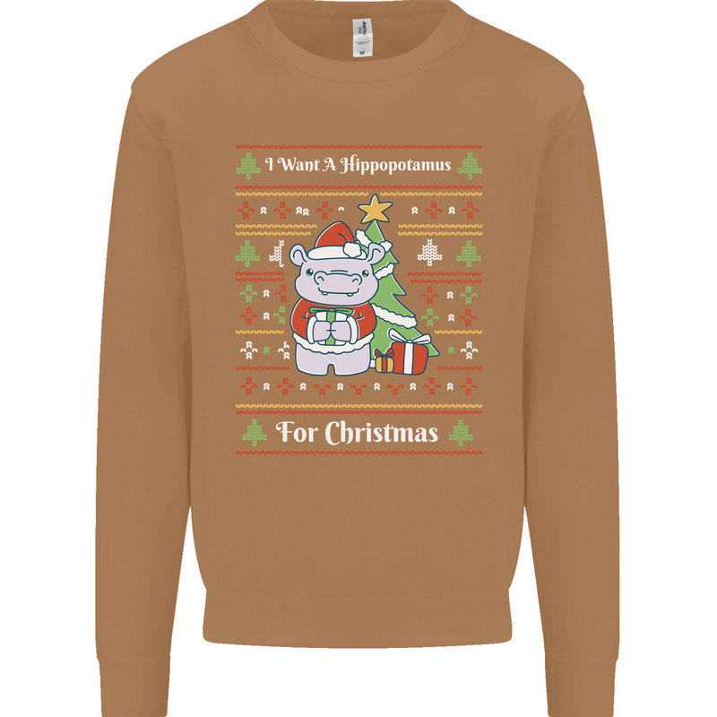 Hippo Christmas Funny Hippopotamus Mens Sweatshirt Jumper Caramel Latte