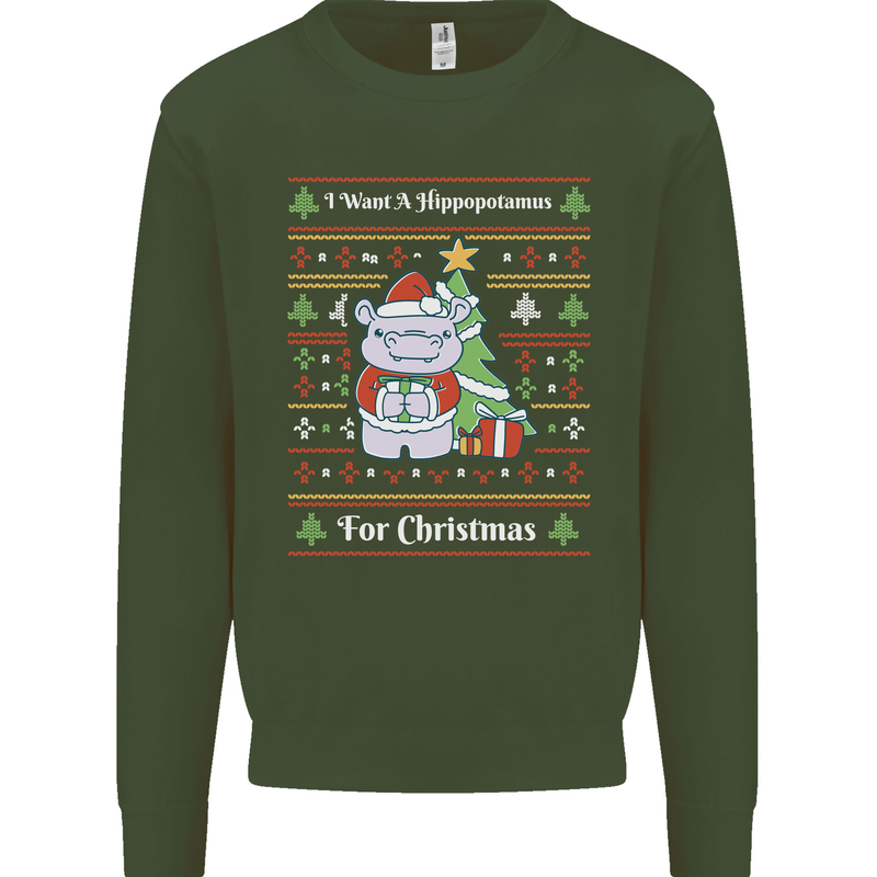 Hippo Christmas Funny Hippopotamus Mens Sweatshirt Jumper Forest Green