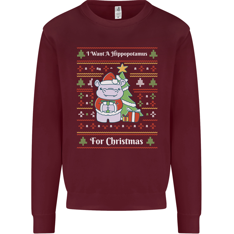 Hippo Christmas Funny Hippopotamus Mens Sweatshirt Jumper Maroon