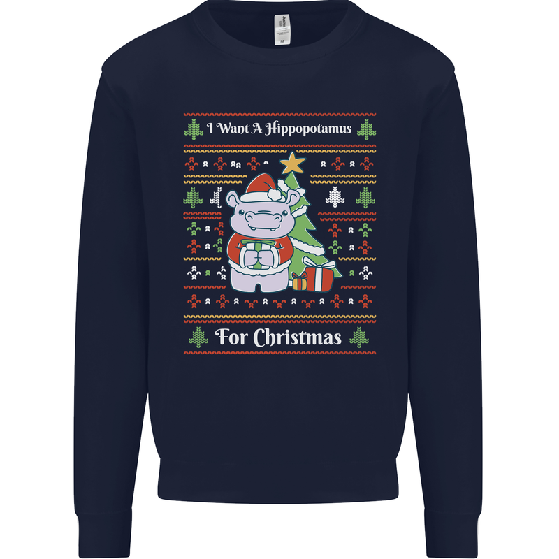 Hippo Christmas Funny Hippopotamus Mens Sweatshirt Jumper Navy Blue