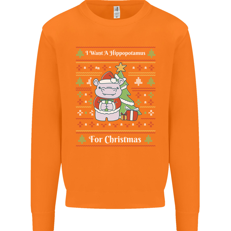 Hippo Christmas Funny Hippopotamus Mens Sweatshirt Jumper Orange