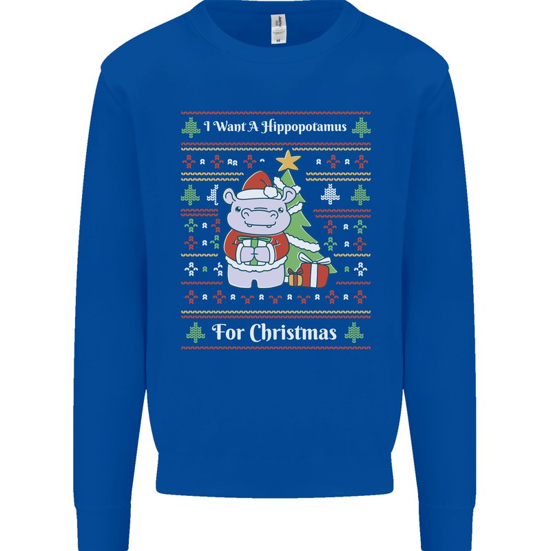 Hippo Christmas Funny Hippopotamus Mens Sweatshirt Jumper Royal Blue
