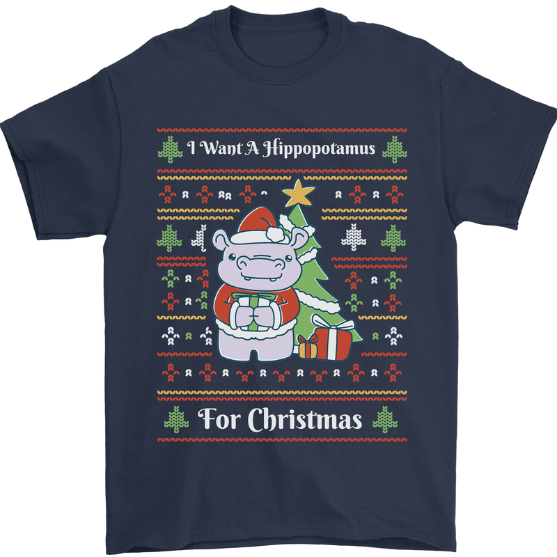 Hippo Christmas Funny Hippopotamus Mens T-Shirt 100% Cotton Navy Blue