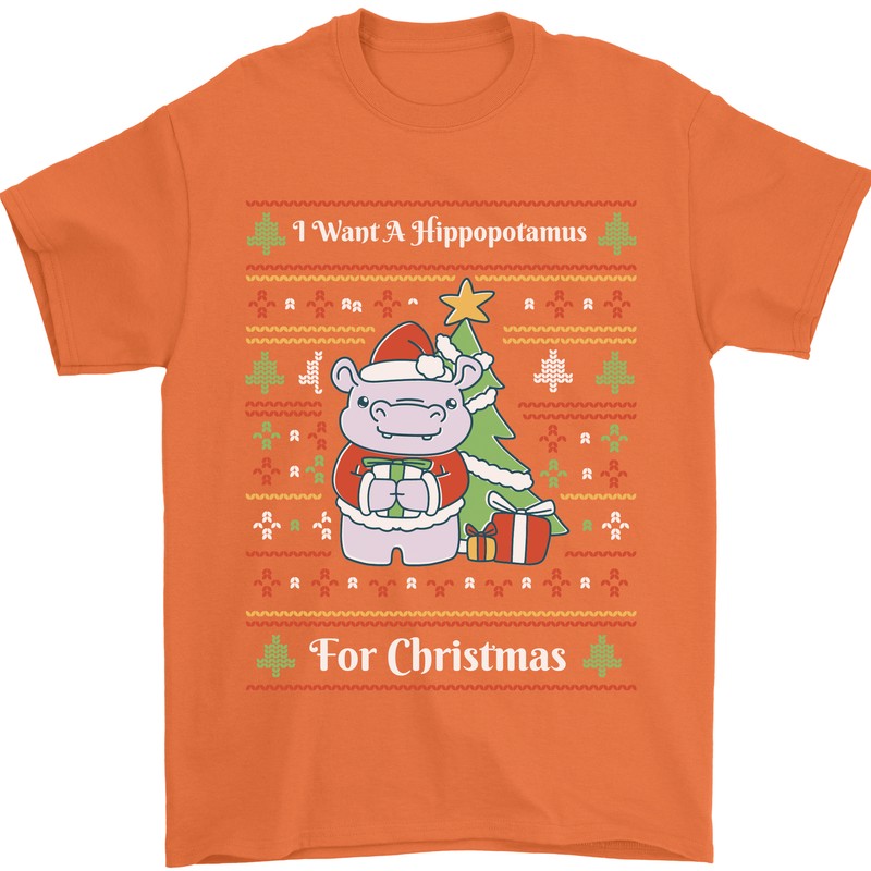 Hippo Christmas Funny Hippopotamus Mens T-Shirt 100% Cotton Orange
