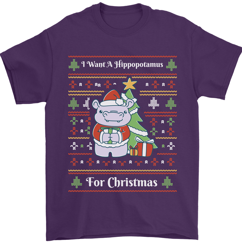 Hippo Christmas Funny Hippopotamus Mens T-Shirt 100% Cotton Purple