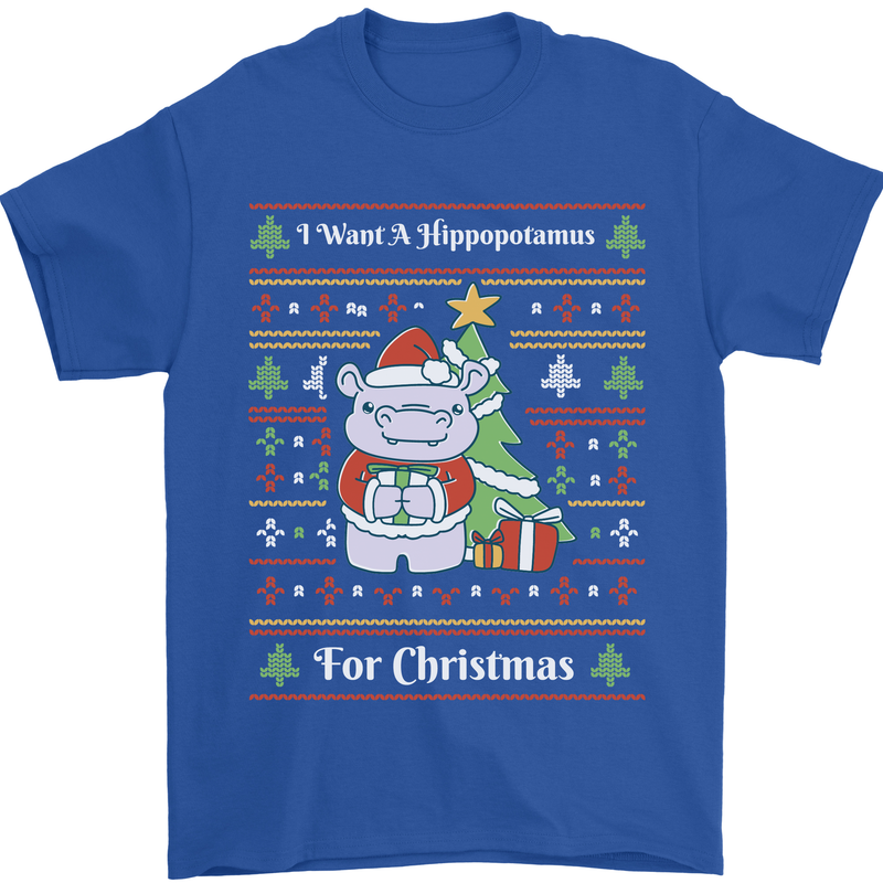 Hippo Christmas Funny Hippopotamus Mens T-Shirt 100% Cotton Royal Blue