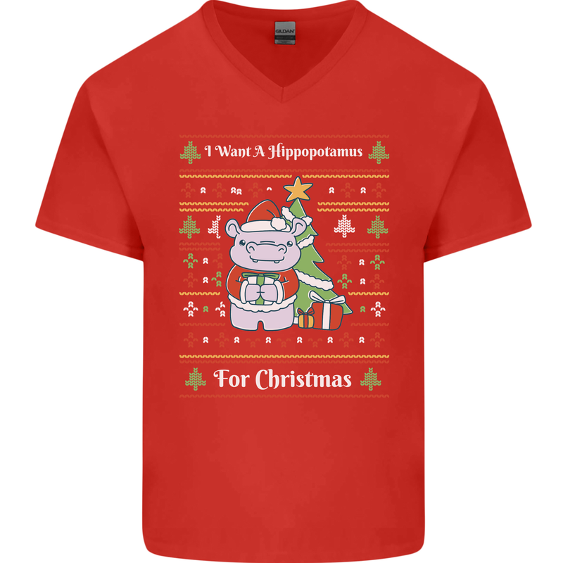 Hippo Christmas Funny Hippopotamus Mens V-Neck Cotton T-Shirt Red
