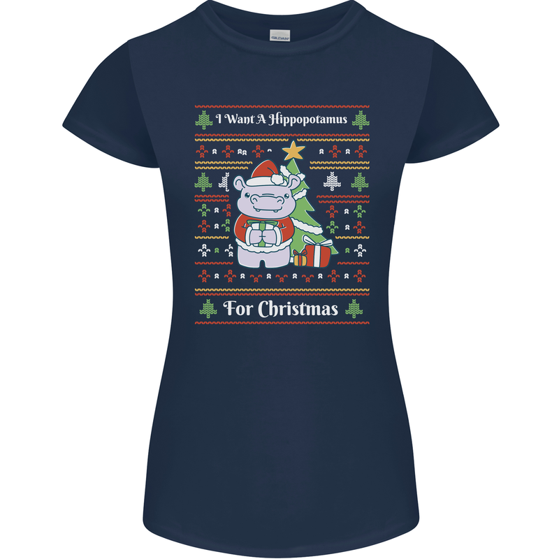 Hippo Christmas Funny Hippopotamus Womens Petite Cut T-Shirt Navy Blue