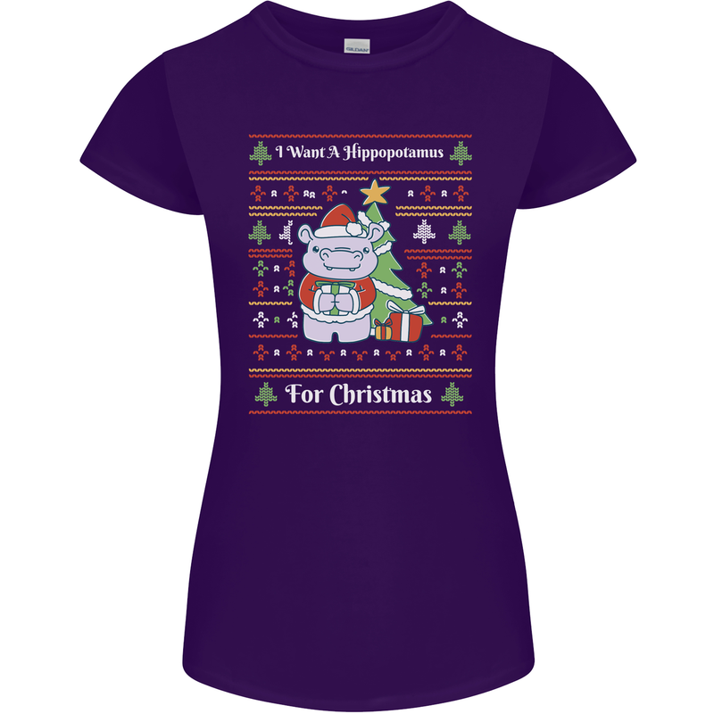 Hippo Christmas Funny Hippopotamus Womens Petite Cut T-Shirt Purple