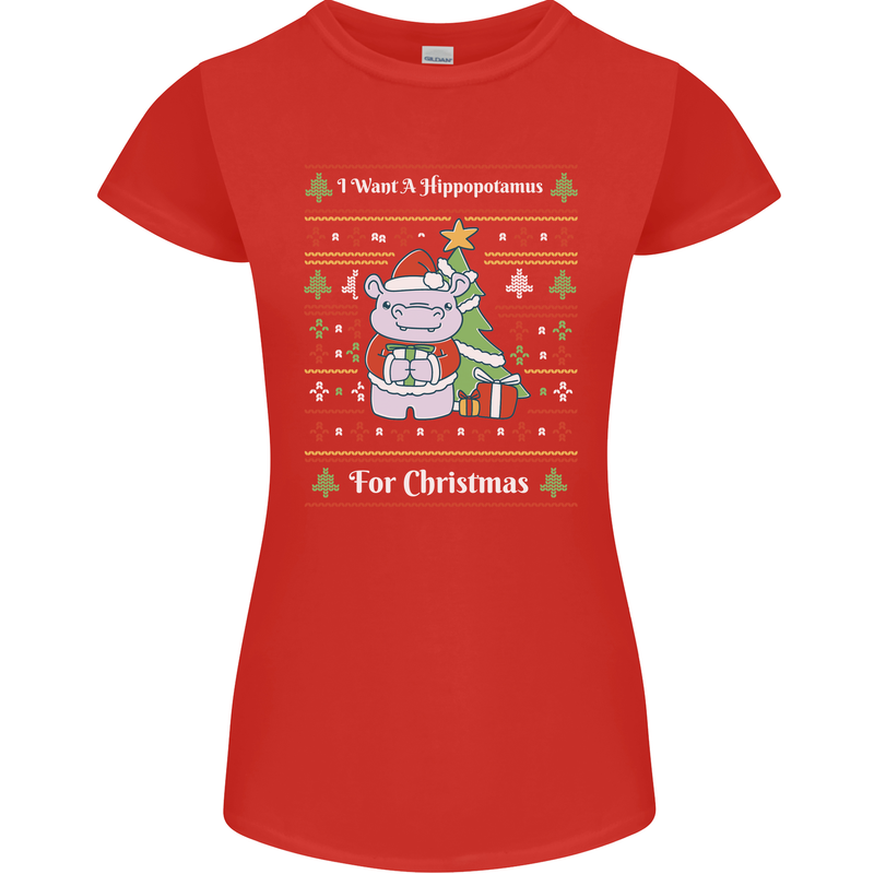 Hippo Christmas Funny Hippopotamus Womens Petite Cut T-Shirt Red