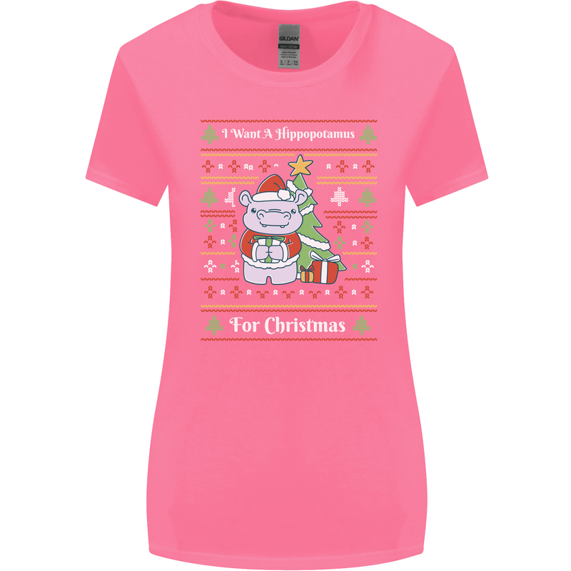 Hippo Christmas Funny Hippopotamus Womens Wider Cut T-Shirt Azalea