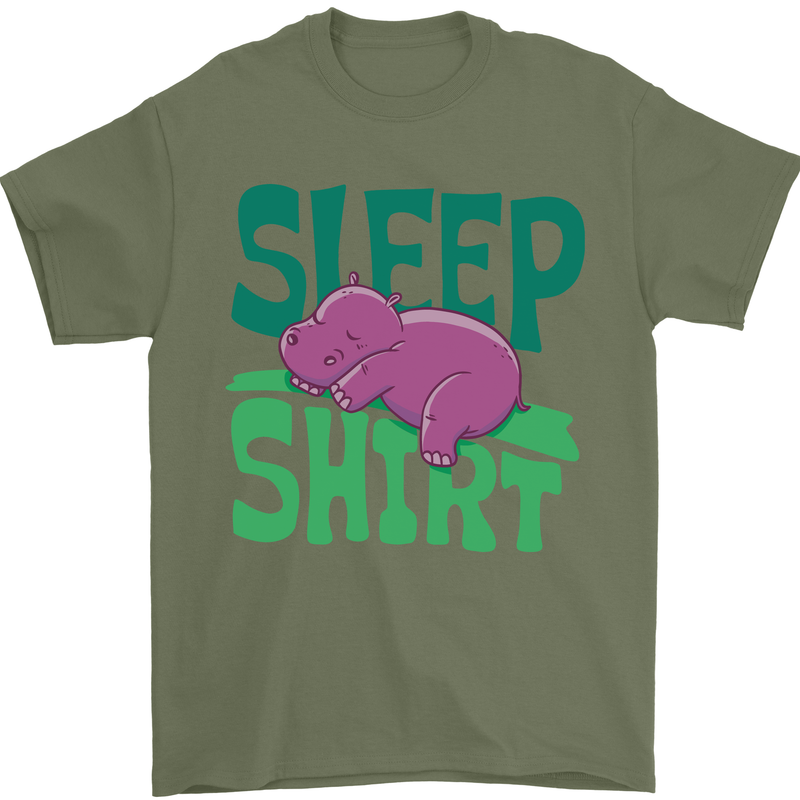 Hippo Sleep Shirt Sleeping Pajamas Mens T-Shirt Cotton Gildan Military Green