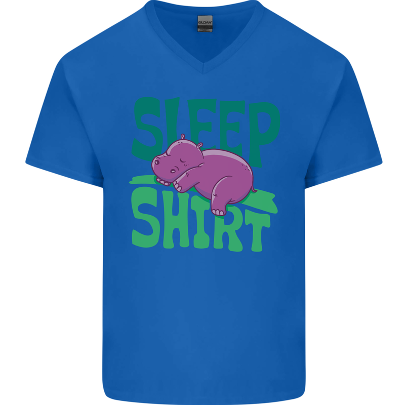 Hippo Sleep Shirt Sleeping Pajamas Mens V-Neck Cotton T-Shirt Royal Blue