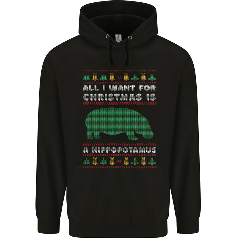 Hippopotamus Hippo Christmas Funny Childrens Kids Hoodie Black