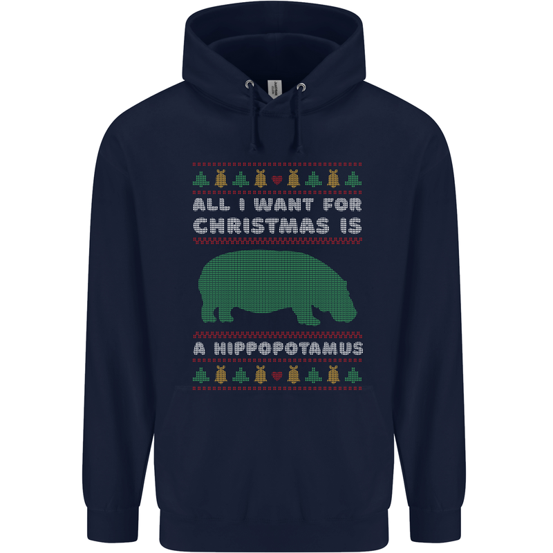 Hippopotamus Hippo Christmas Funny Childrens Kids Hoodie Navy Blue