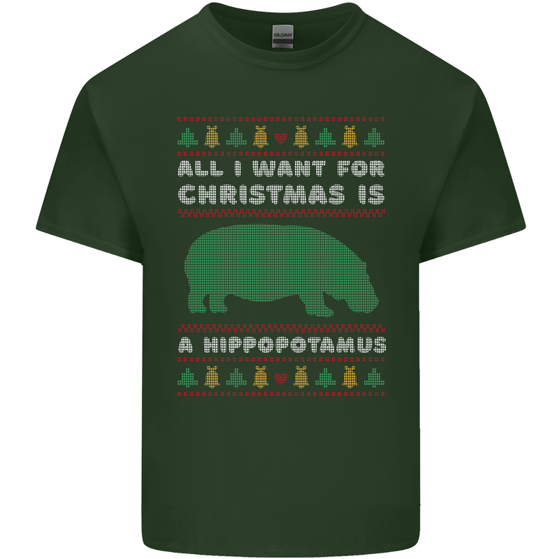 Hippopotamus Hippo Christmas Funny Mens Cotton T-Shirt Tee Top Forest Green