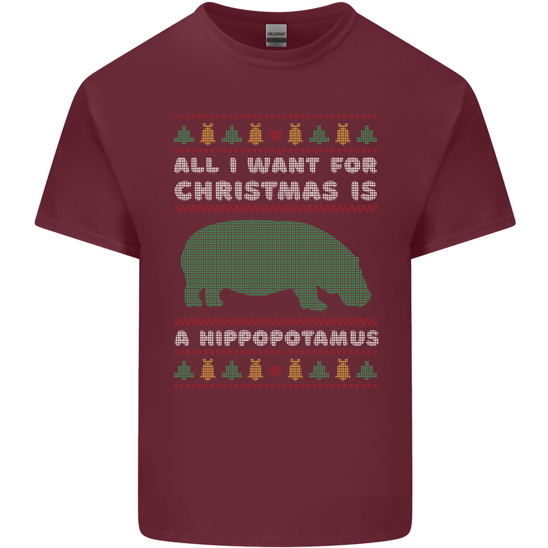 Hippopotamus Hippo Christmas Funny Mens Cotton T-Shirt Tee Top Maroon