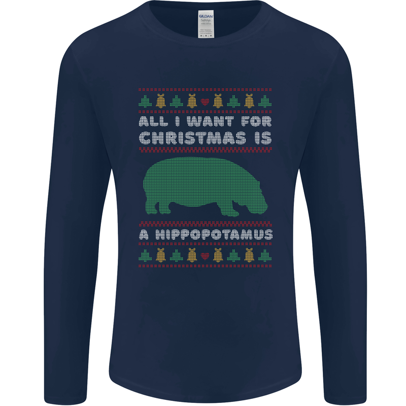 Hippopotamus Hippo Christmas Funny Mens Long Sleeve T-Shirt Navy Blue