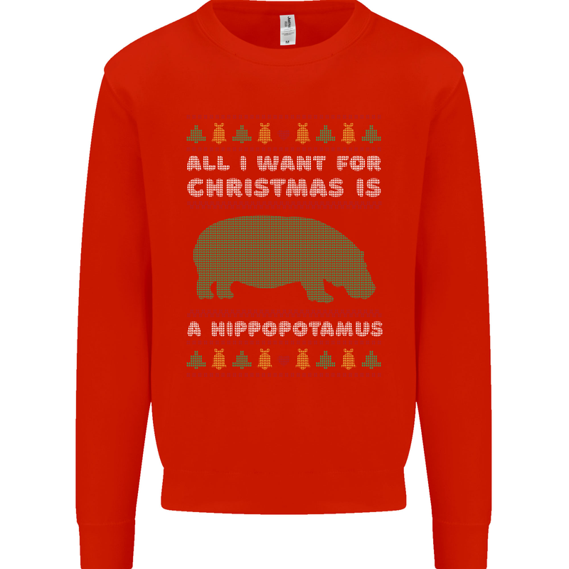 Hippopotamus Hippo Christmas Funny Mens Sweatshirt Jumper Bright Red