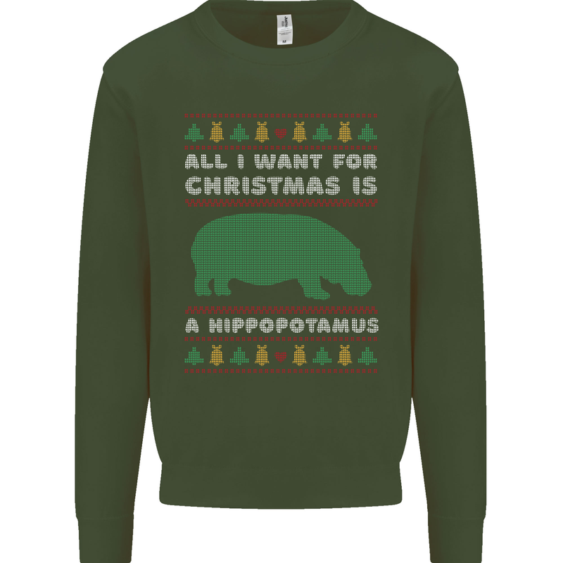 Hippopotamus Hippo Christmas Funny Mens Sweatshirt Jumper Forest Green