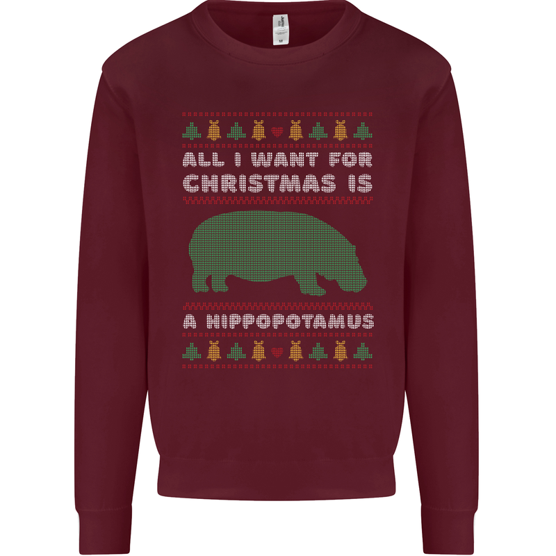 Hippopotamus Hippo Christmas Funny Mens Sweatshirt Jumper Maroon