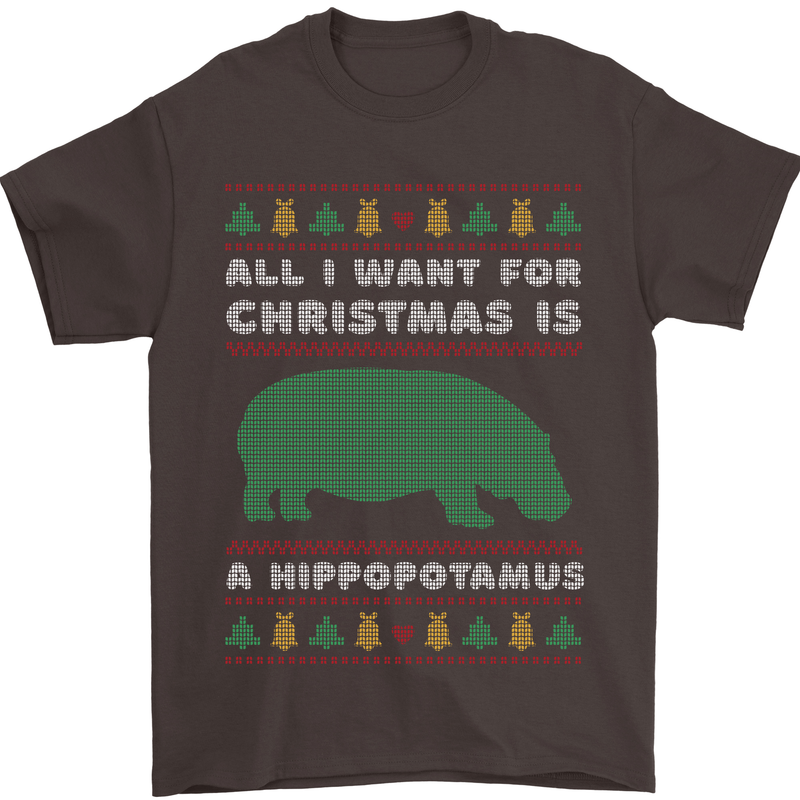 Hippopotamus Hippo Christmas Funny Mens T-Shirt 100% Cotton Dark Chocolate