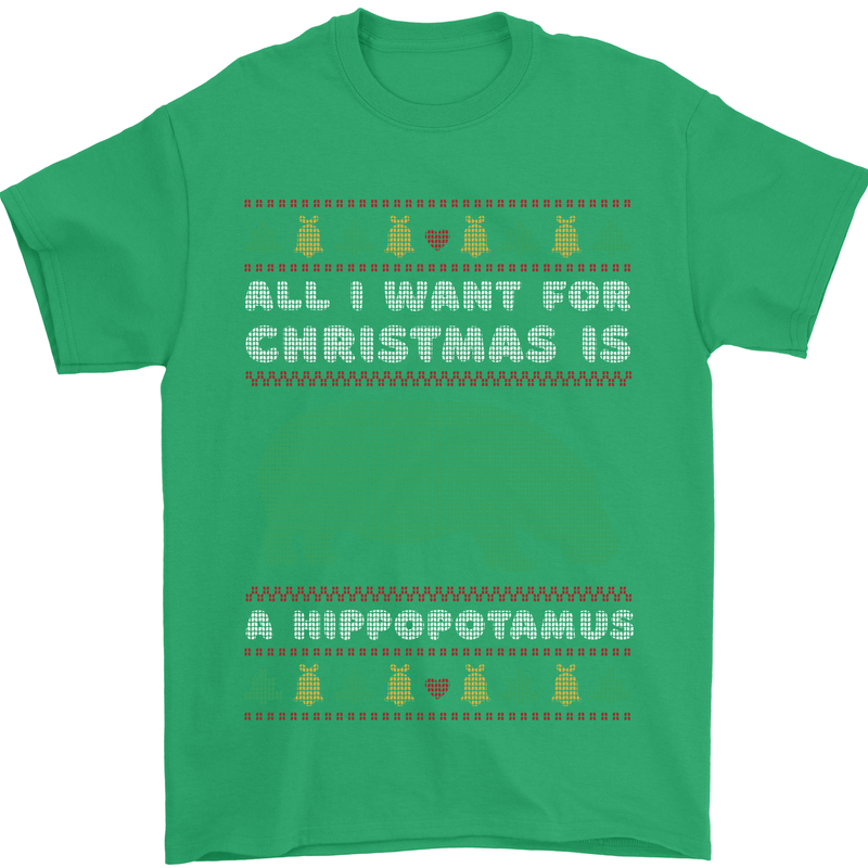 Hippopotamus Hippo Christmas Funny Mens T-Shirt 100% Cotton Irish Green