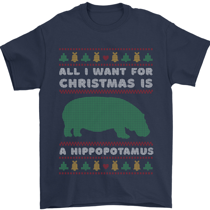 Hippopotamus Hippo Christmas Funny Mens T-Shirt 100% Cotton Navy Blue