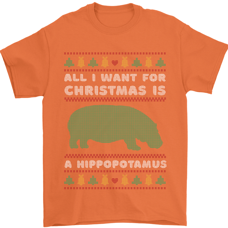 Hippopotamus Hippo Christmas Funny Mens T-Shirt 100% Cotton Orange