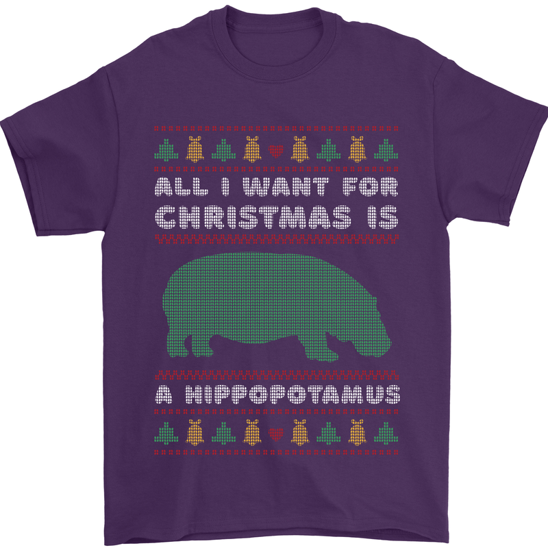 Hippopotamus Hippo Christmas Funny Mens T-Shirt 100% Cotton Purple
