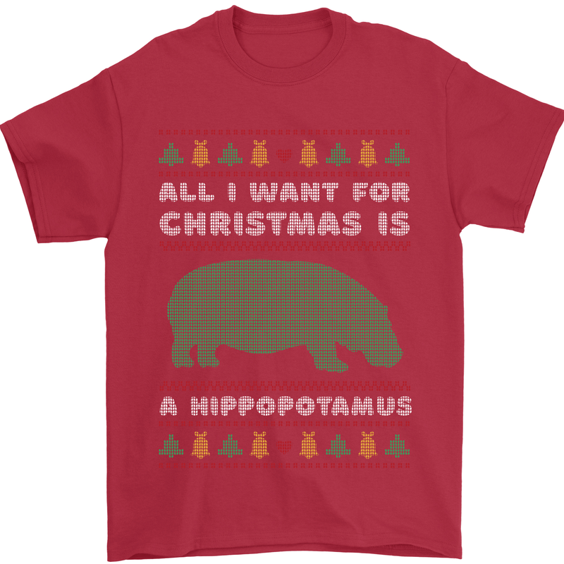 Hippopotamus Hippo Christmas Funny Mens T-Shirt 100% Cotton Red