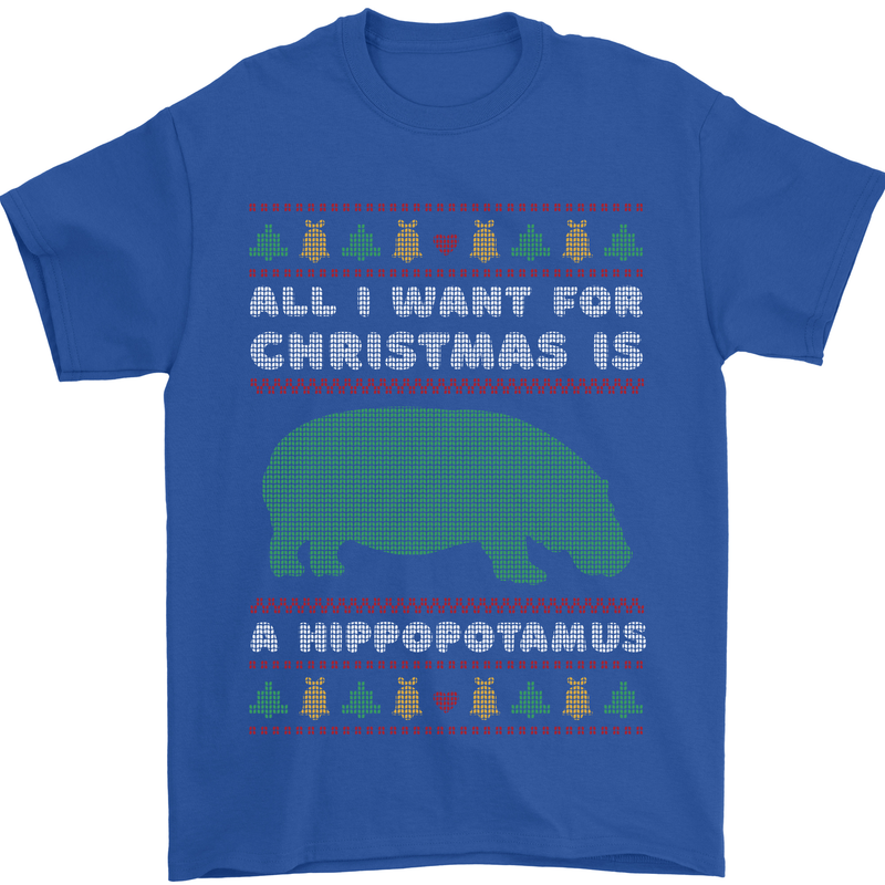 Hippopotamus Hippo Christmas Funny Mens T-Shirt 100% Cotton Royal Blue