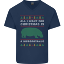 Hippopotamus Hippo Christmas Funny Mens V-Neck Cotton T-Shirt Navy Blue