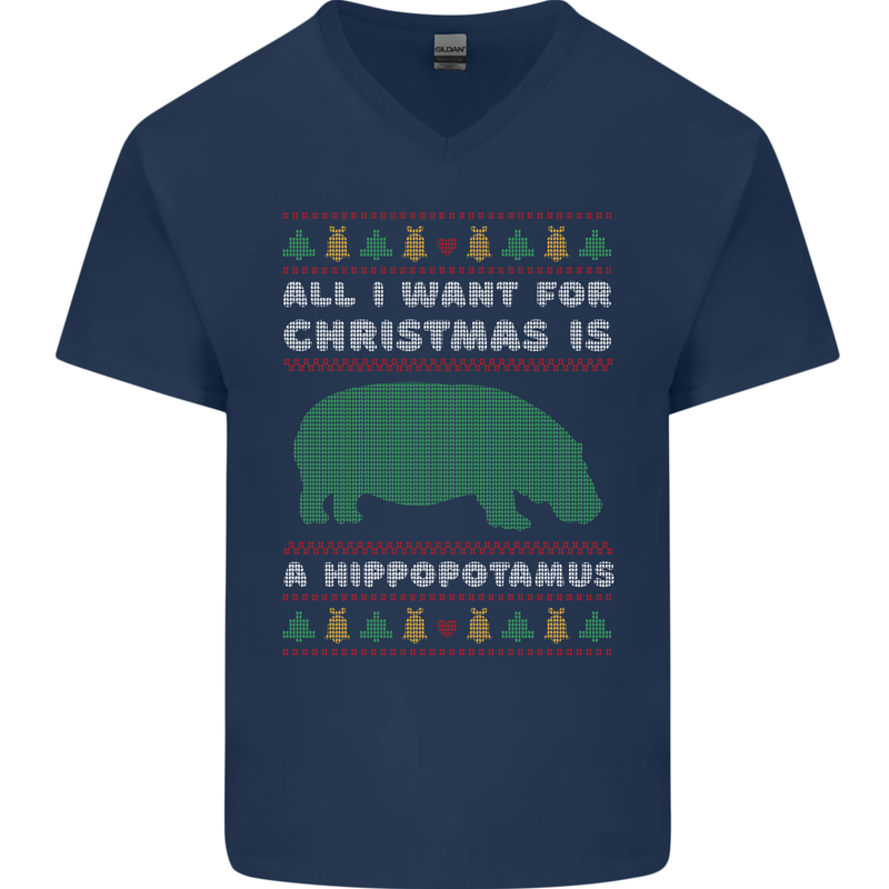 Hippopotamus Hippo Christmas Funny Mens V-Neck Cotton T-Shirt Navy Blue