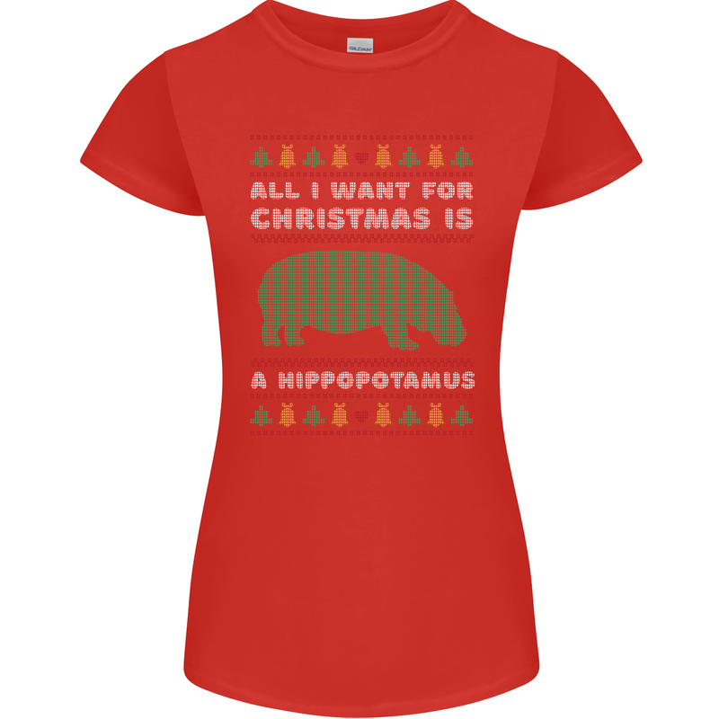 Hippopotamus Hippo Christmas Funny Womens Petite Cut T-Shirt Red