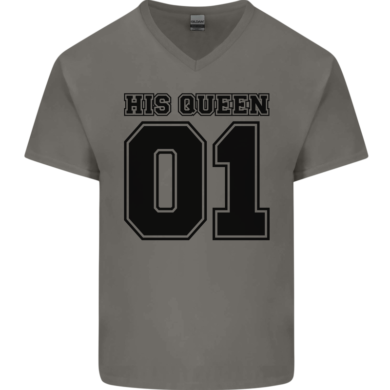 His Queen Funny Valentines Day Mens V-Neck Cotton T-Shirt Charcoal