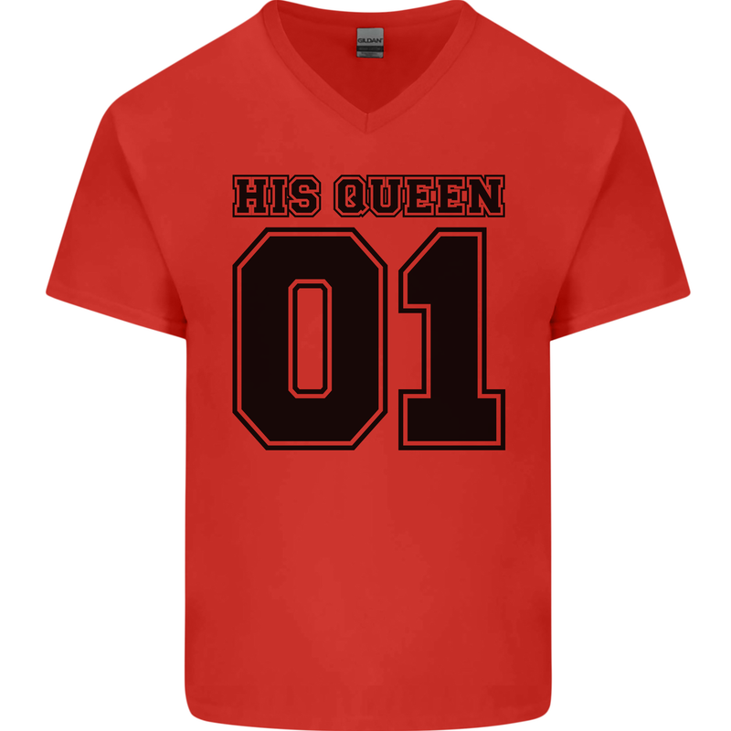 His Queen Funny Valentines Day Mens V-Neck Cotton T-Shirt Red