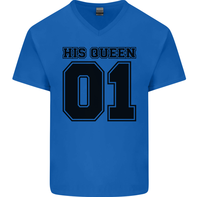 His Queen Funny Valentines Day Mens V-Neck Cotton T-Shirt Royal Blue