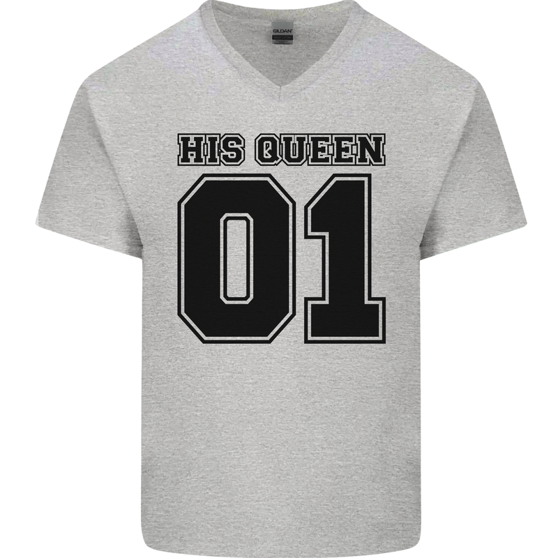His Queen Funny Valentines Day Mens V-Neck Cotton T-Shirt Sports Grey