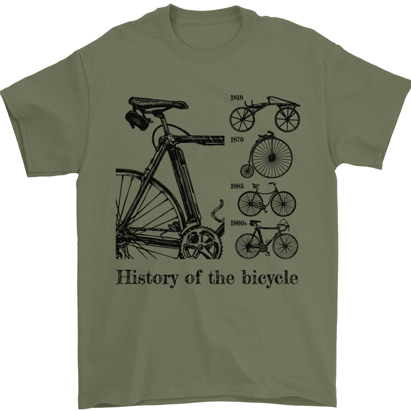 History of the Bicycle Cyclist Cycling Bike Mens T-Shirt Cotton Gildan Military Green
