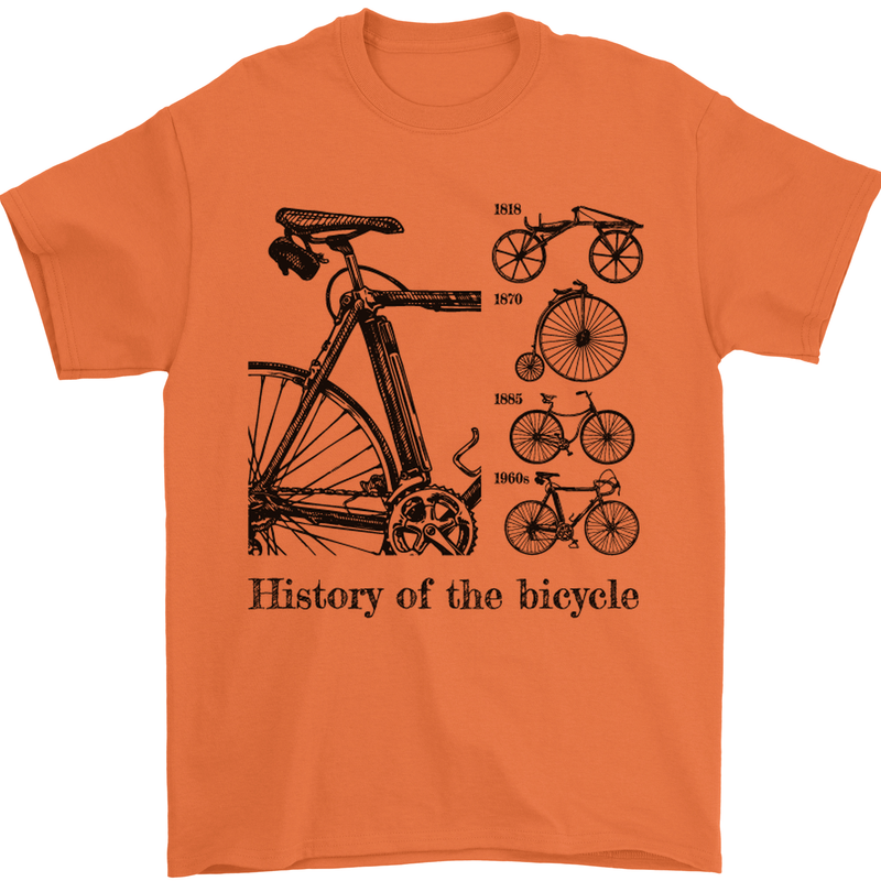 History of the Bicycle Cyclist Cycling Bike Mens T-Shirt Cotton Gildan Orange