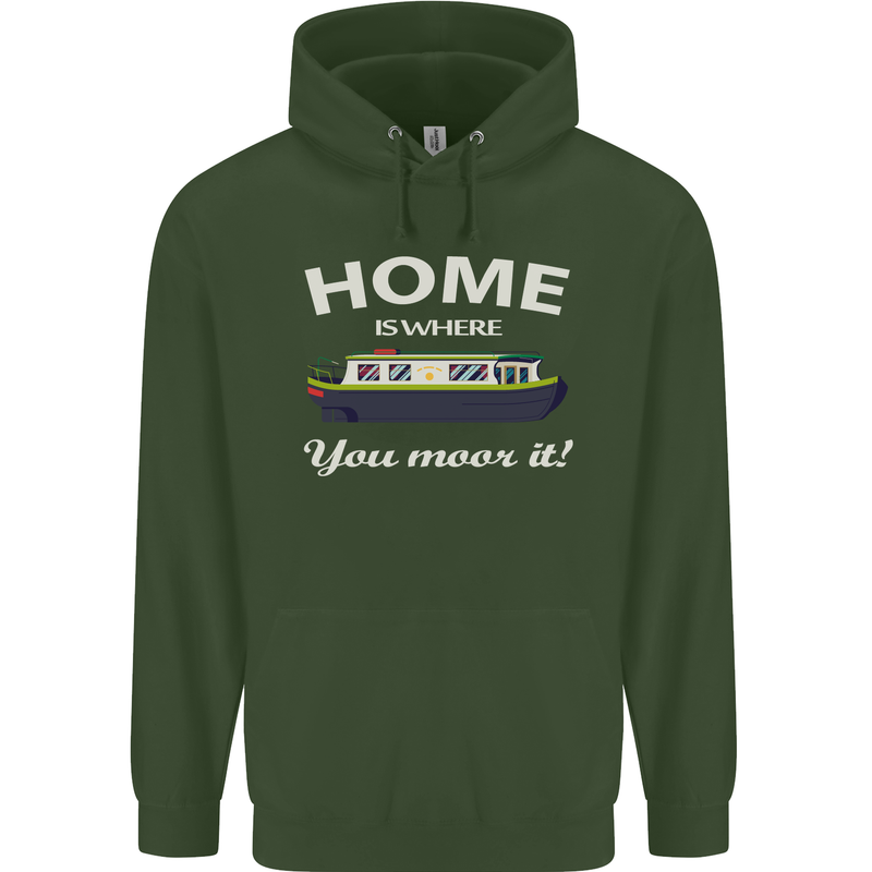 Home Is Where You Moor It Long Boat Barge Childrens Kids Hoodie Forest Green
