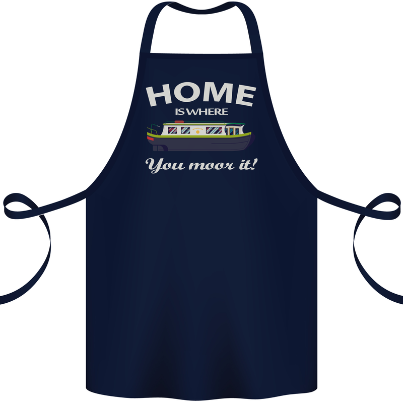 Home Is Where You Moor It Long Boat Barge Cotton Apron 100% Organic Navy Blue