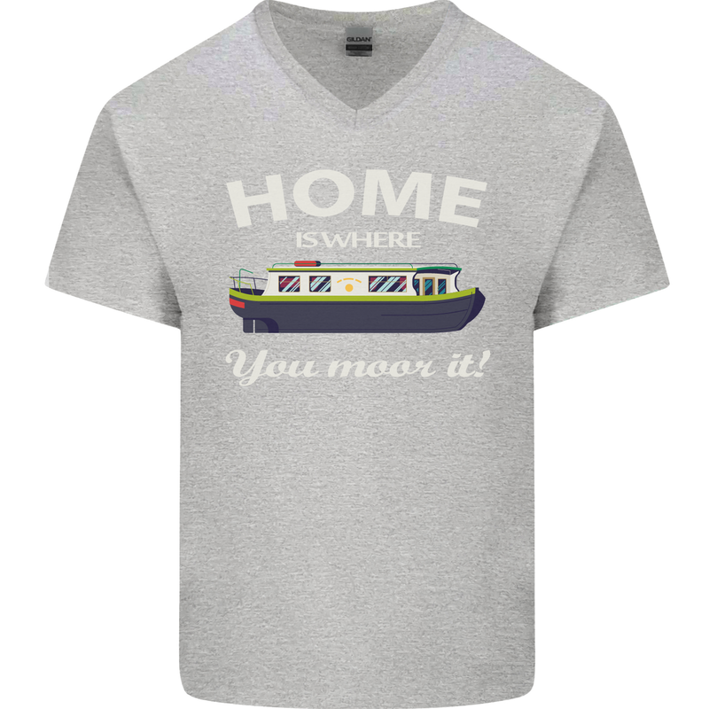 Home Is Where You Moor It Long Boat Barge Mens V-Neck Cotton T-Shirt Sports Grey