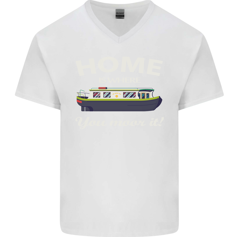 Home Is Where You Moor It Long Boat Barge Mens V-Neck Cotton T-Shirt White