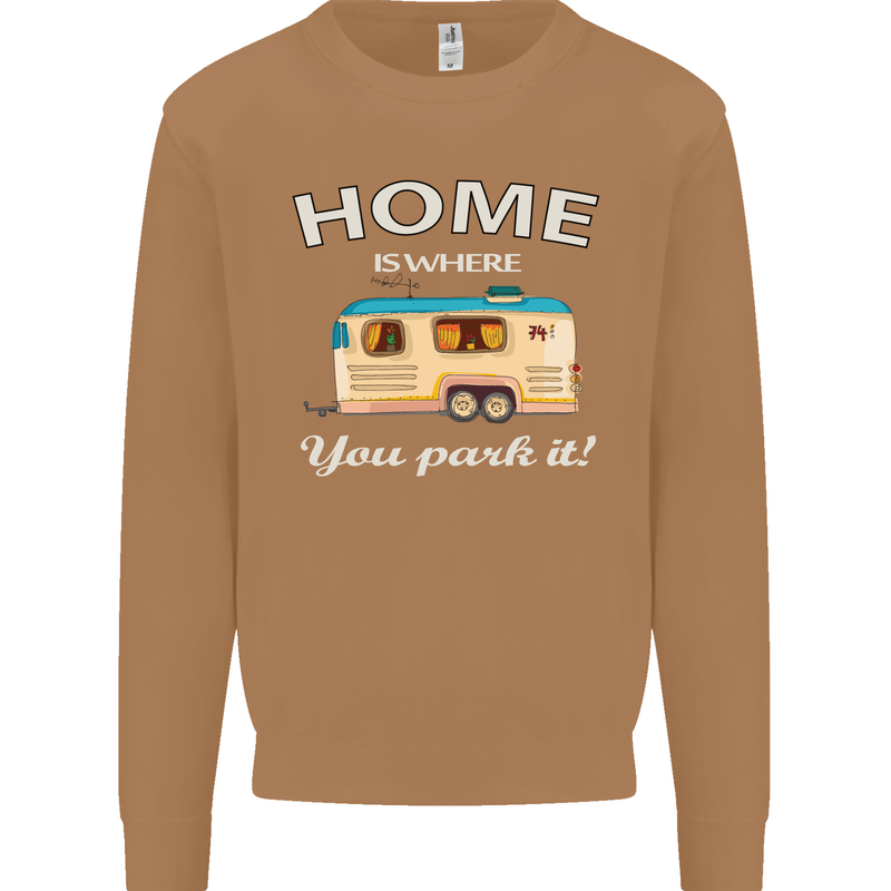 Home Is Where You Park It Caravan Funny Mens Sweatshirt Jumper Caramel Latte